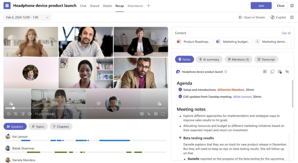회의록 요약 프롬프트 결과 예시로 본 Microsoft Teams 회의 Recap 탭의 AI 메모 화면 회의록 요약 프롬프트 결과 예시로 본 Microsoft Teams 회의 Recap 탭의 AI 메모 화면
